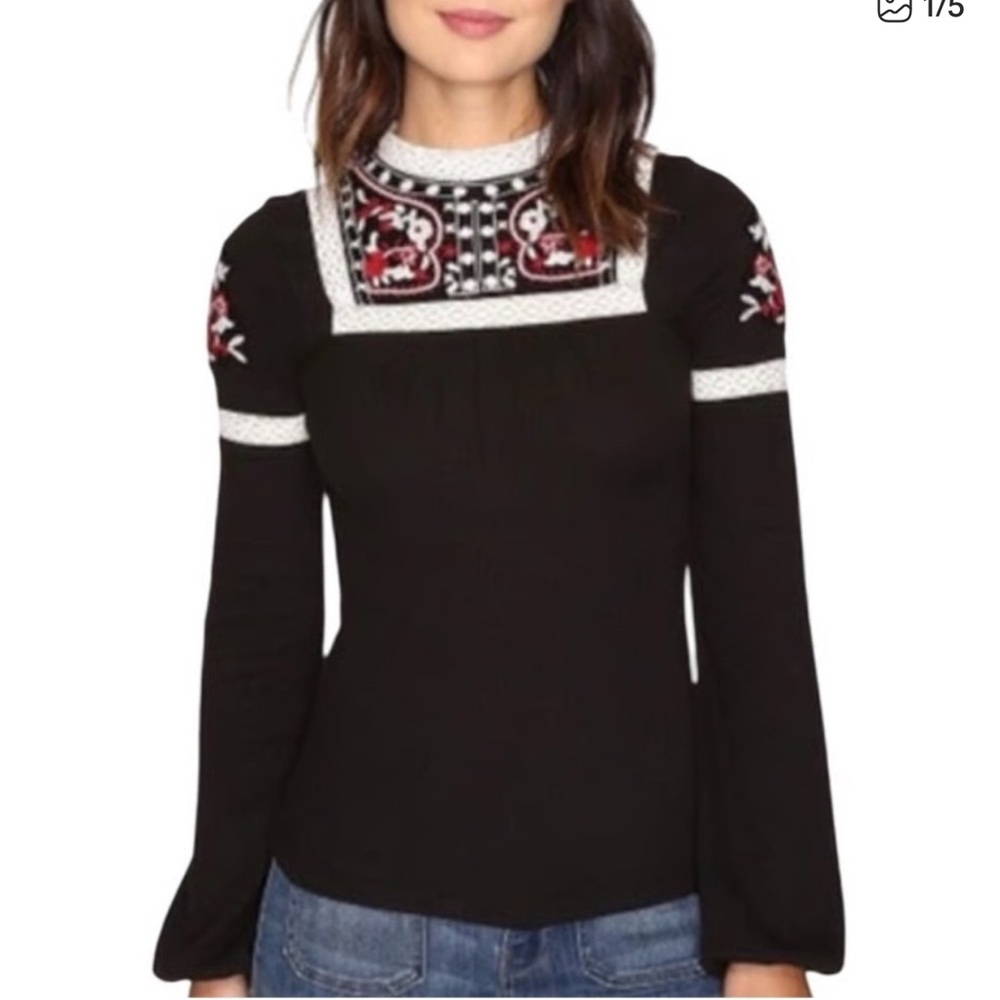 Free people Black Sweater with Red Embroidery
